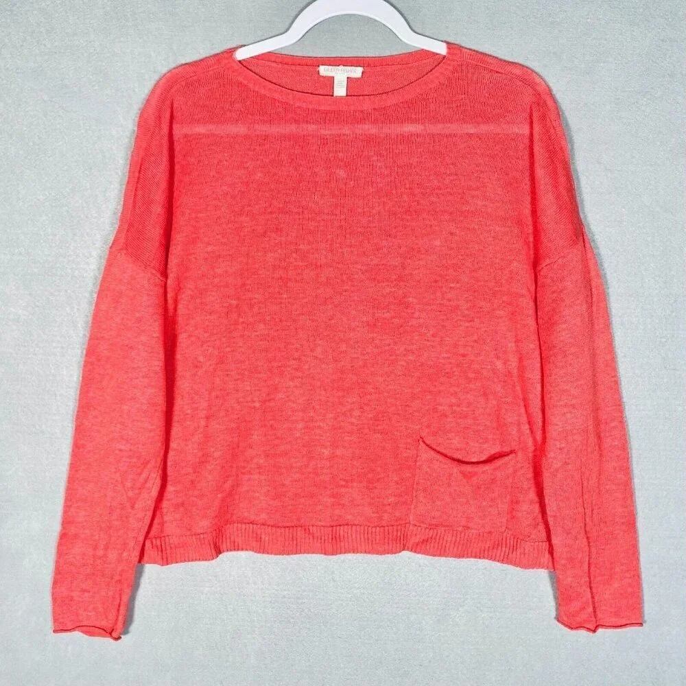 Eileen Fisher Organic Linen Top Womens PL Pink Gauzy Popover Boxy